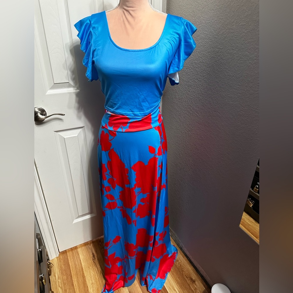 VCAY Floral Print Flutter Sleeve Crop Top & Boho Tropical Long Skirt - Picture 11 of 16